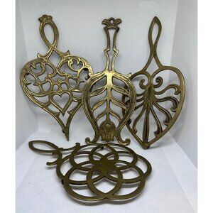Vintage Japan Brass Trivet Set 4 Decorative Ornate Designs Rubber Feet Missing